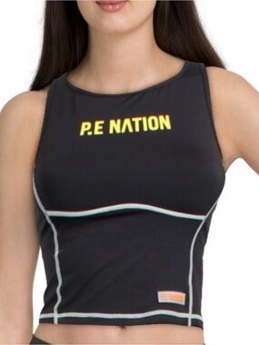 P.E Nation Black Cropped Athletic Workout Tank with Yellow Logo